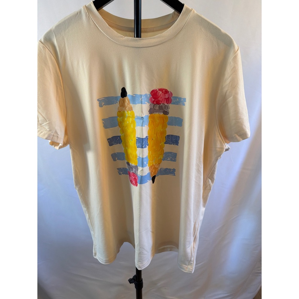 Womens XXL Cream Pencil Graphic T-Shirt Teacher Artist Creative Short Sleeve Tee